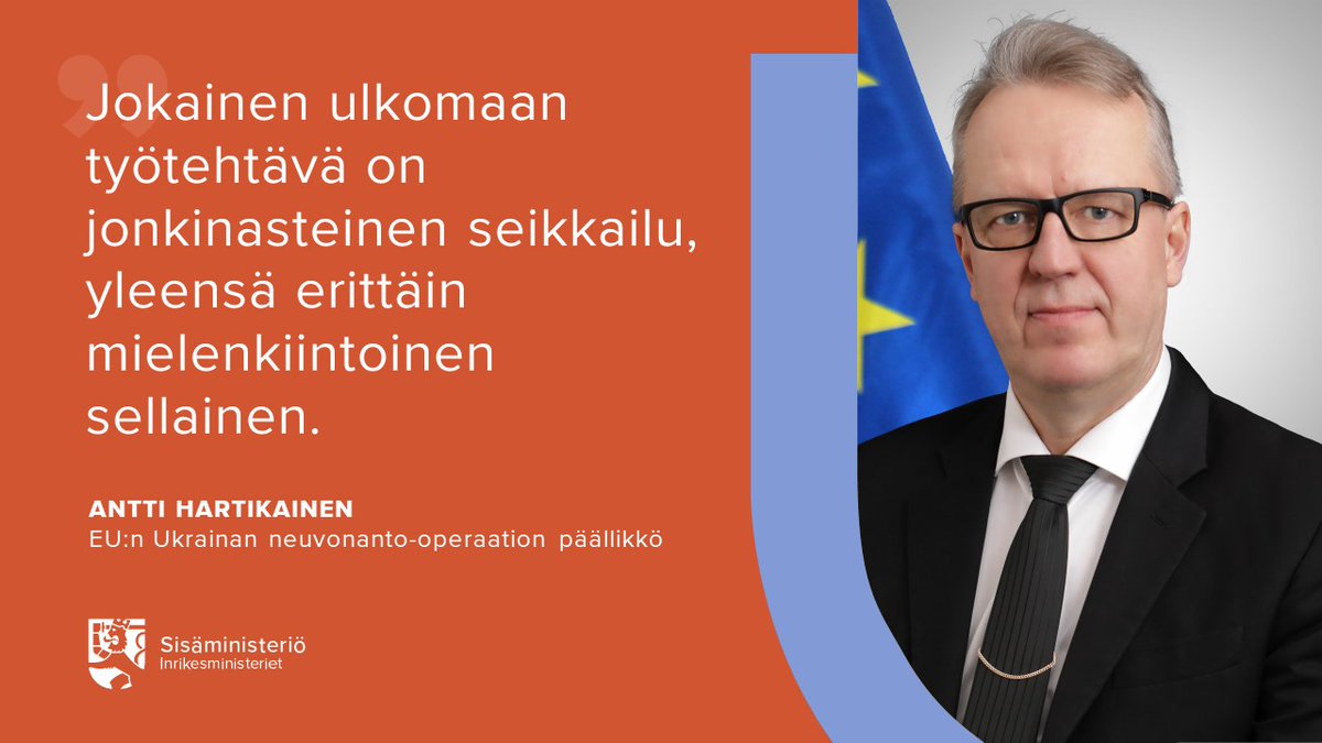EU:n #Ukraina neuvonanto-operaation päällikkö <a href="/AnttiHartikain1/">Antti Hartikainen</a> kertoo, että kv johtamistehtävät vaativat mm:

🔹sosiaalista kyvykkyyttä
🔹valmiutta pitkiin työpäiviin
🔹avarakatseisuutta
🔹halua oppia uusia asioita

#ValtiollaTöissä

Antin Uratarina:

intermin.fi/ministerio/sis…