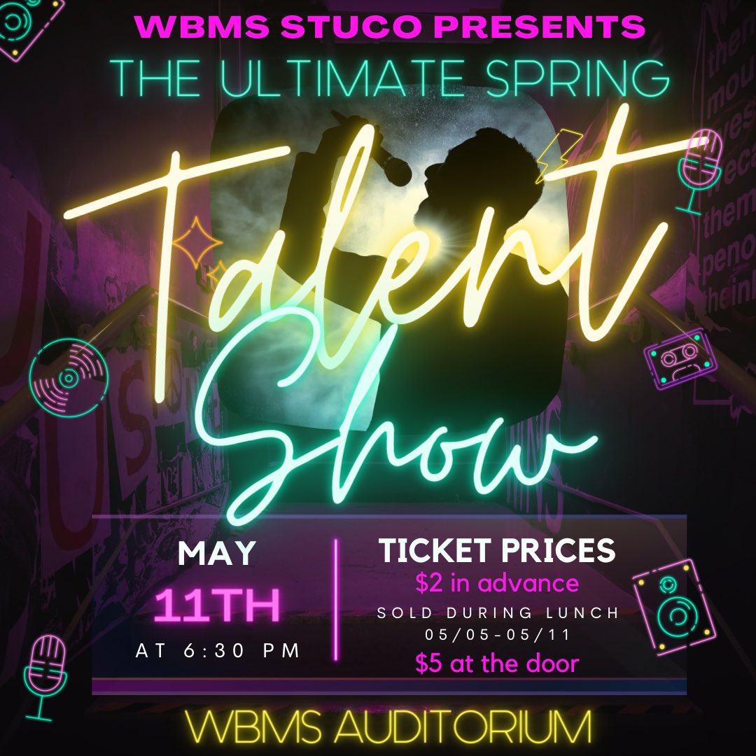 WBMS_STUCO's tweet photo. It’s SHOWTIME! 🤩 Today’s the day!

Singers‼️Dancers‼️ Pianists‼️ Ensembles‼️🎻👯‍♀️🎤🎹

YOU DO NOT WANT TO MISS THIS!

Get your $2 tickets during each grade level lunch today!! ($5 at the door) https://t.co/m1yGXe1q68