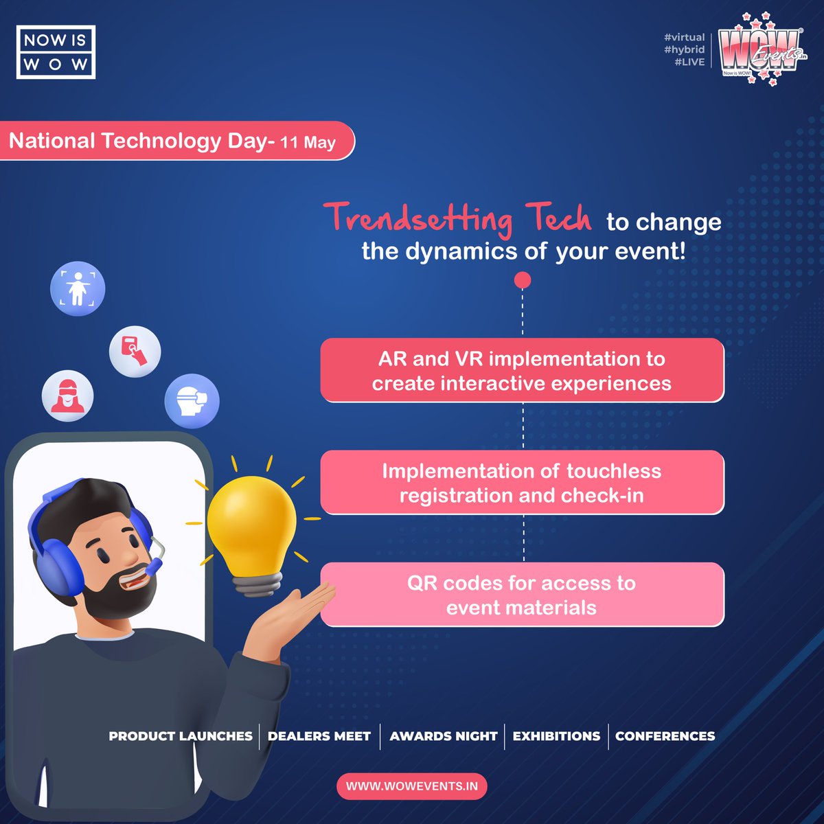WOWEvents's tweet photo. Innovation is the key to unforgettable event experiences! Stay ahead of the game with the latest event technology trends. #NationalTechnologyDay2023 

#WOWEvents #NOWISWOW #eventprofs #eventtrends #futurefriday #events2023 #eventplannerlife #tech #technology #eventtech #AR  #VR https://t.co/IhZ3w262Oo