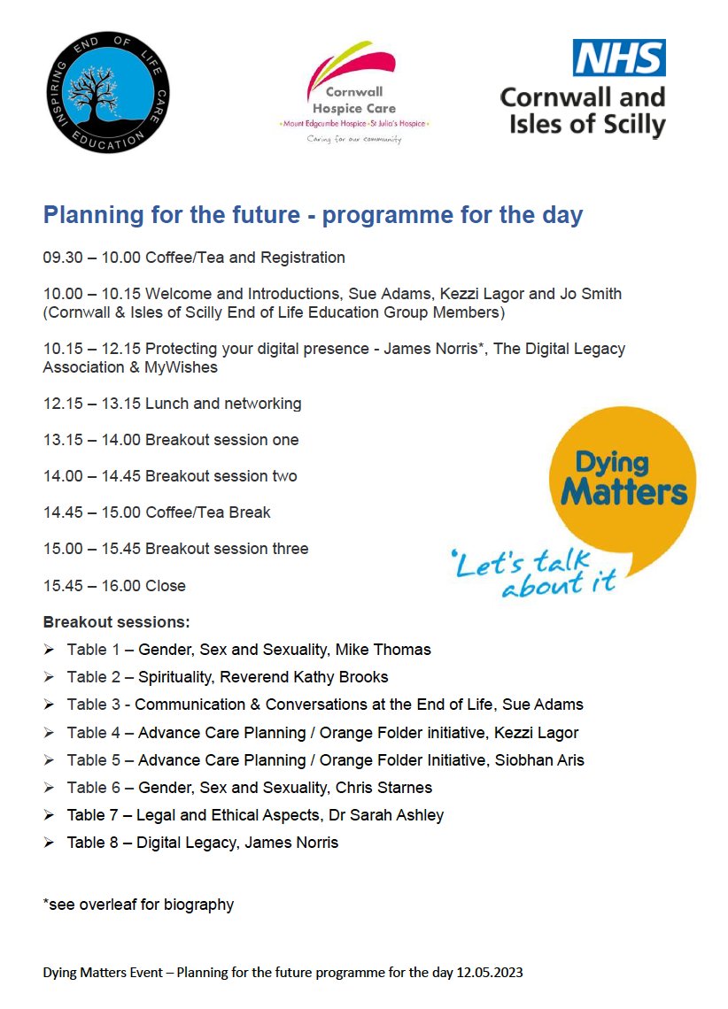 Tomorrow we will be participating in 'Planning for the future'. This event will be taking place as part of @DyingMatters Awareness Week 2023. 

Looking forward to meeting friends both old and new.

#DMAW23 #DyingMattersAwarenessWeek #DMAW2023 #digitallegacy #advancecareplan
