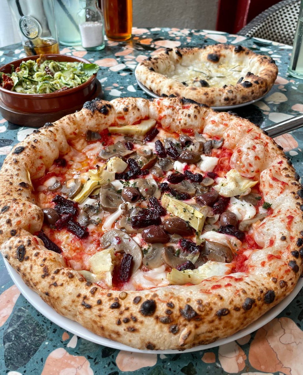 The best of all the seasons all in one pizza 🫒🍄🍕⁠ A tangy tomato base for summer, hearty mushrooms for autumn, grilled artichokes for spring, and smoky beetroot for winter. Plus, olives because, well, they're always in season. 😍⁠. #purezza ⁠ purezza.co.uk