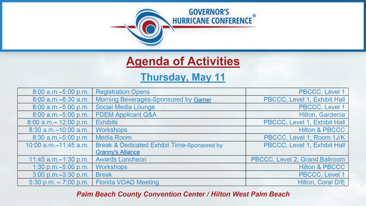 FloridaGHC's tweet photo. Happy Thursday! Here’s what’s on the schedule for today at the 2023 Governor’s Hurricane Conference!! 🗓️
https://t.co/fzjy8NNcNB
#GHC2023 #GHCsuccess https://t.co/HHXGmX2Yz2