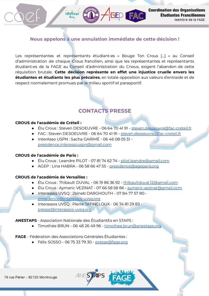 #CommuniquéDePresse 📣

Réquisition des #logements CROUS pour les #JOP2024, c'est NON ❌

La #COEF dénonce cette #expulsion des #étudiants de leurs résidences #CROUS franciliennes ❗️

🔗 tinyurl.com/4c73dp9t