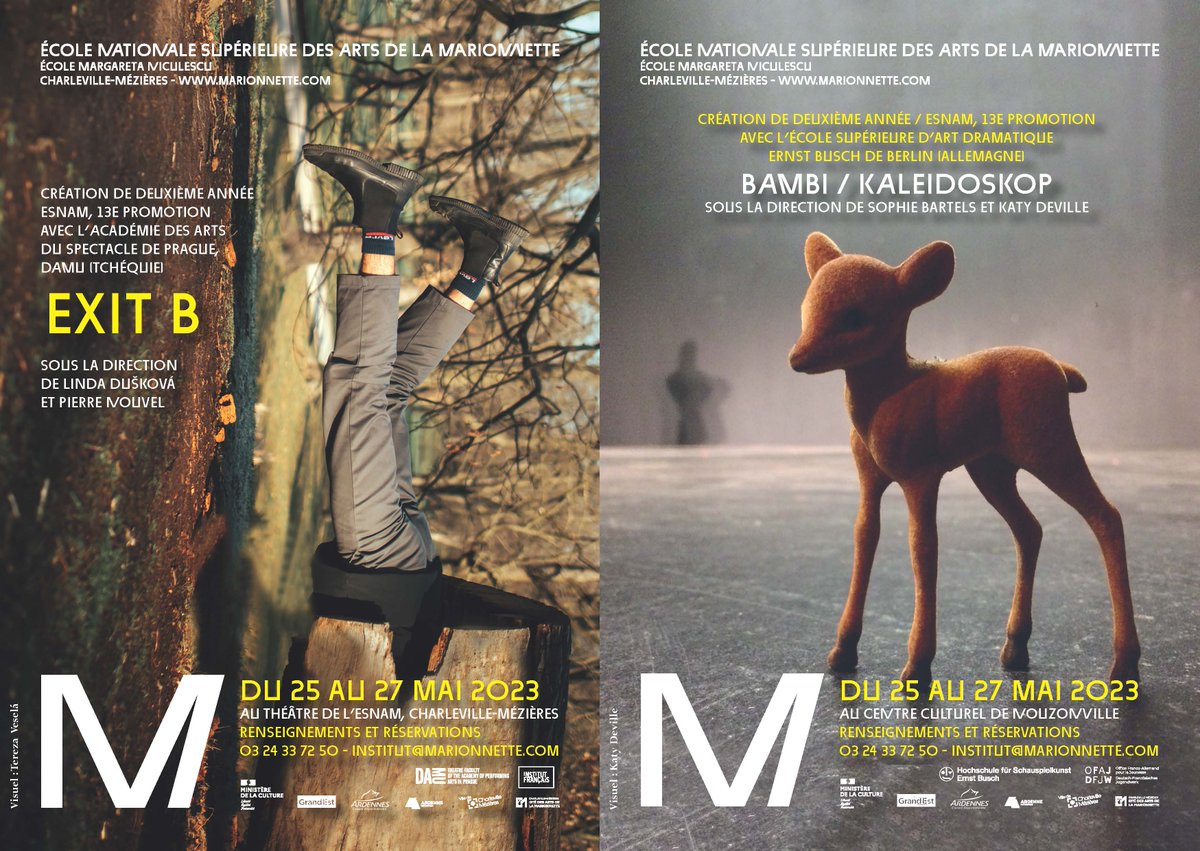 InstitutMario's tweet photo. 📅Du 25 au 27 mai à @VilledeCMz et Nouzonville 
🤩Découvrez les apprentis marionnettistes de l'#ESNAM dans 2 créations internationales, "Bambi/Kaleidoskop" et "Exit B", avec 2 grandes écoles européennes, #ErnstBusch/Berlin et la #DAMU/Prague. 
👉https://t.co/oPYIZqkkAz https://t.co/FTOaQljwjE