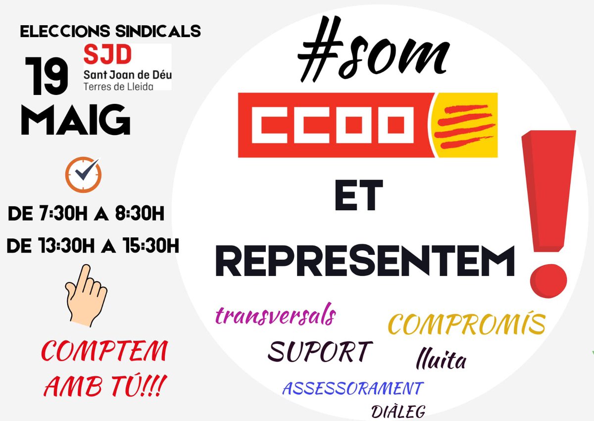 sjdtll's tweet photo. Estem en TOTES les Caregories professionals, TOTS els Serveis, TOTS els Torns. Perquè Tothom som persones treballadores i a TOTES ens han d’escoltar. Recorda #EtRepresentem #somLaTevaVeu
#SomCCOO https://t.co/Ss8pDraSVA