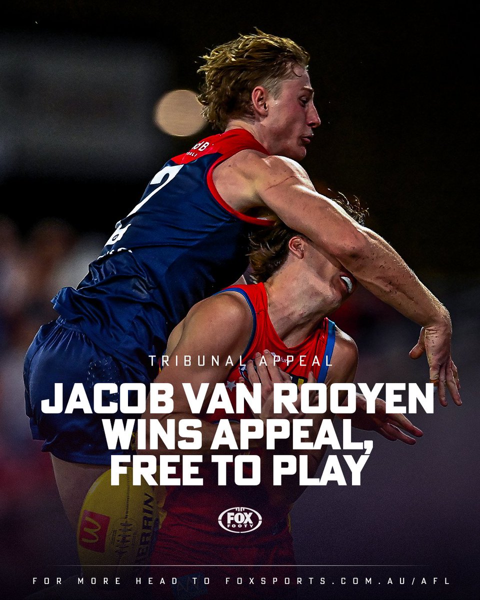 FOXFOOTY's tweet photo. DEES WIN LAST-DITCH APPEAL

After a marathon hearing, Melbourne successfully frees Jacob van Rooyen of his striking ban for a spoil >> https://t.co/uJEDYXywGY https://t.co/fBs7BWg9sN