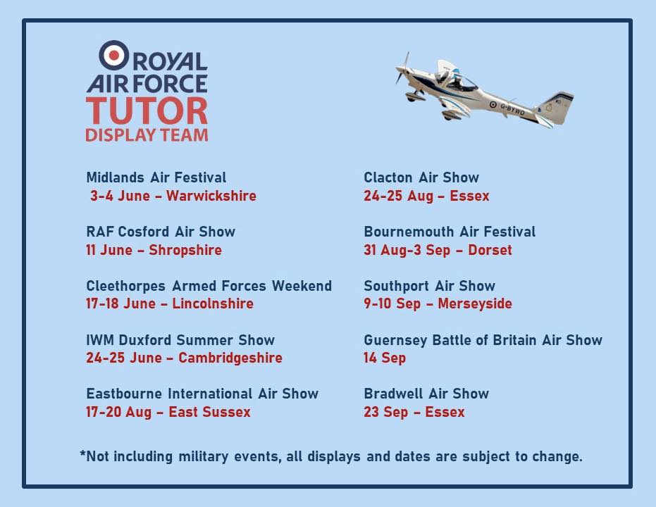 The RAF Tutor Display Team's 2023 season calendar! Where are you hoping to catch their display? #NoOrdinaryJob #whatwedo #raf #rafwittering #rafdisplay #royalairforce #tutordisplay