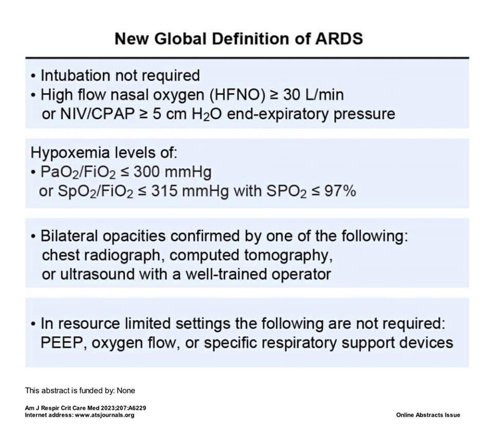 Nueva definición global del síndrome respiratorio agudo
Lo nuevo👇
1⃣HFNO ≥30 L/m
2⃣SpO2/FiO2 ≤315 y SpO2 ≤97
3⃣Diagnóstico de ultrasonido de opacidades bilaterales
4⃣Consideración para configuraciones de recursos limitados

atsjournals.org/doi/abs/10.116…