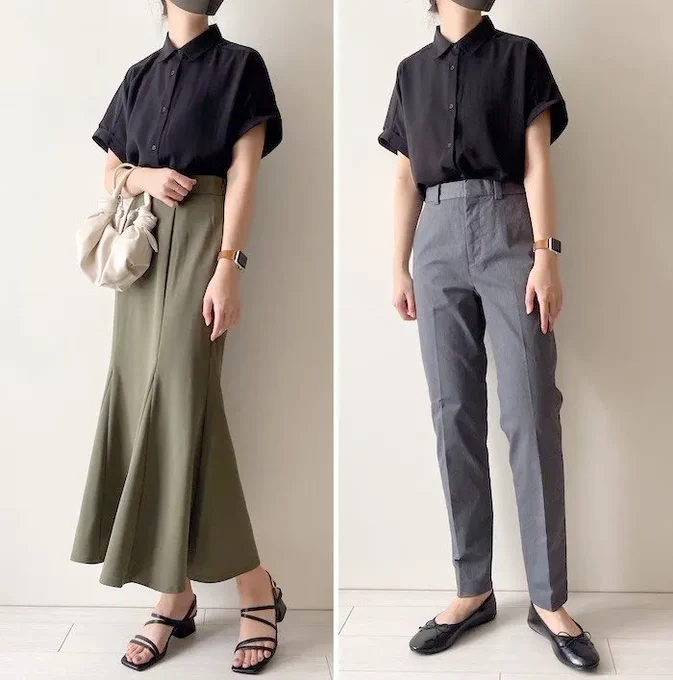 【GU】二の腕がほっそり見える!1490円の「高見えトップス」きちんと感のあるデザインが素敵なの!   GUの「ドレープシャツ」が、1490円とは思えない!上品なデザインと着回し力の高さが魅力なんです。普段着としてはもちろん、オフィスコーデにも活躍してくれますよ〜!