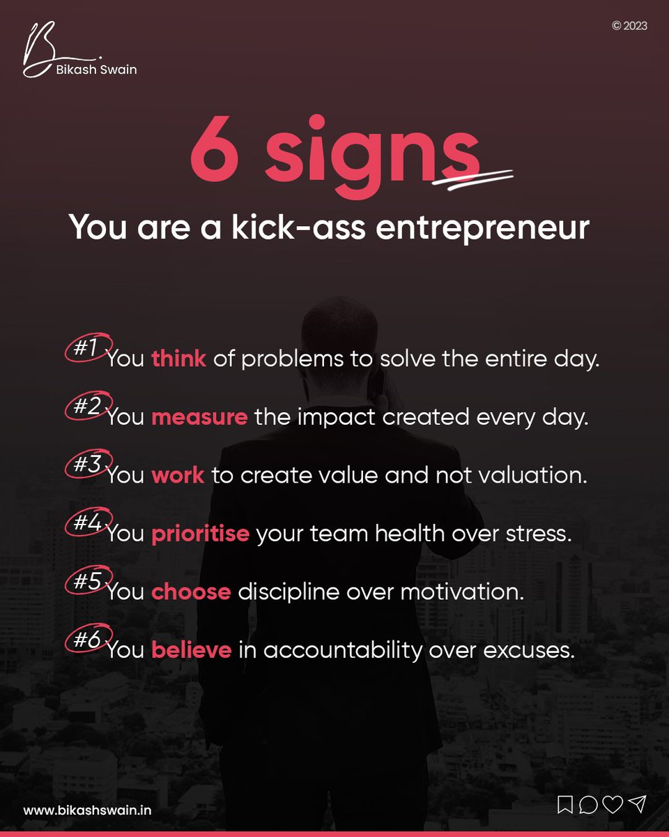 Want to be an #entrepreneur ?

This 6 signs can make you a great personality as an entrepreneur.

Follow me for business tips and inspiration.

#business #inspiration #entrepreneurship #bikashswain
