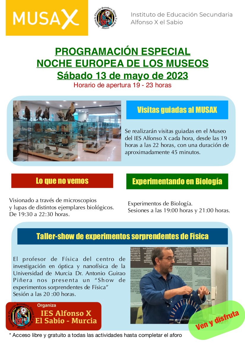 iaxmurcia's tweet photo. 🗣️🆕 📢 Os presentamos la programación especial del #Musax con motivo de la 𝗡𝗢𝗖𝗛𝗘 𝗗𝗘 𝗟𝗢𝗦 𝗠𝗨𝗦𝗘𝗢𝗦 🌌🏦 del próximo 🔜 sábado 13 de mayo.

⏰ 19h a 23h.
 🎟 Acceso libre hasta completar aforo.

¡Os esperamos!

#NochedelosMuseos
@MuseosRegMurcia
@Educarm https://t.co/4bfxkmts8I