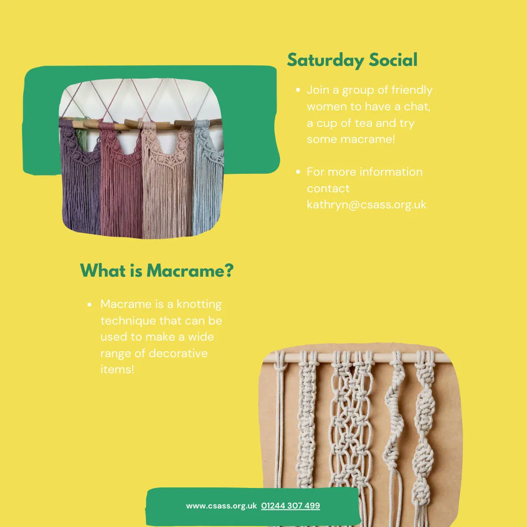 CSASService's tweet photo. Join our Saturday Social event - meet a group of friendly women, have a cup of tea and make some macrame!
Email kathryn@csass.org.uk for more information!
#csass #sexualabuse #rapecrisis #survivors #SupportSurvivors #wellbeing #safespace #webelieveyou #YouAreNotAlone #chester https://t.co/Oznu9CwVSj