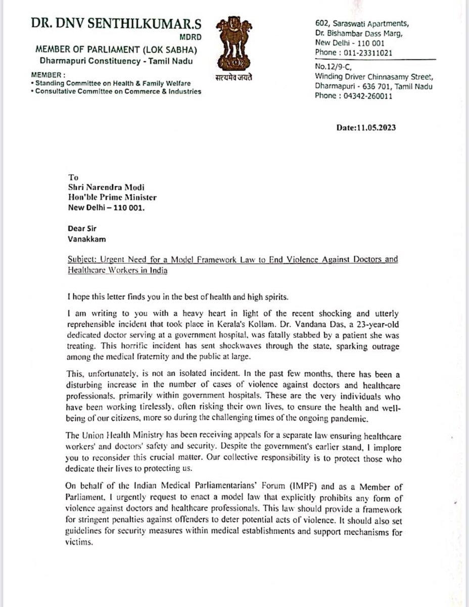 DrSenthil_MDRD's tweet photo. Addressed a letter to the Union health Minister @mansukhmandviya,
a copy to @PMOIndia regarding

Urgent Need for a Model Framework Law to End Violence Against Doctors and
Healtheare Workers in India

In light of recent shocking incident of fatal stabbing of
Dr.Vandana from Kerala https://t.co/f8w6YTHaJX