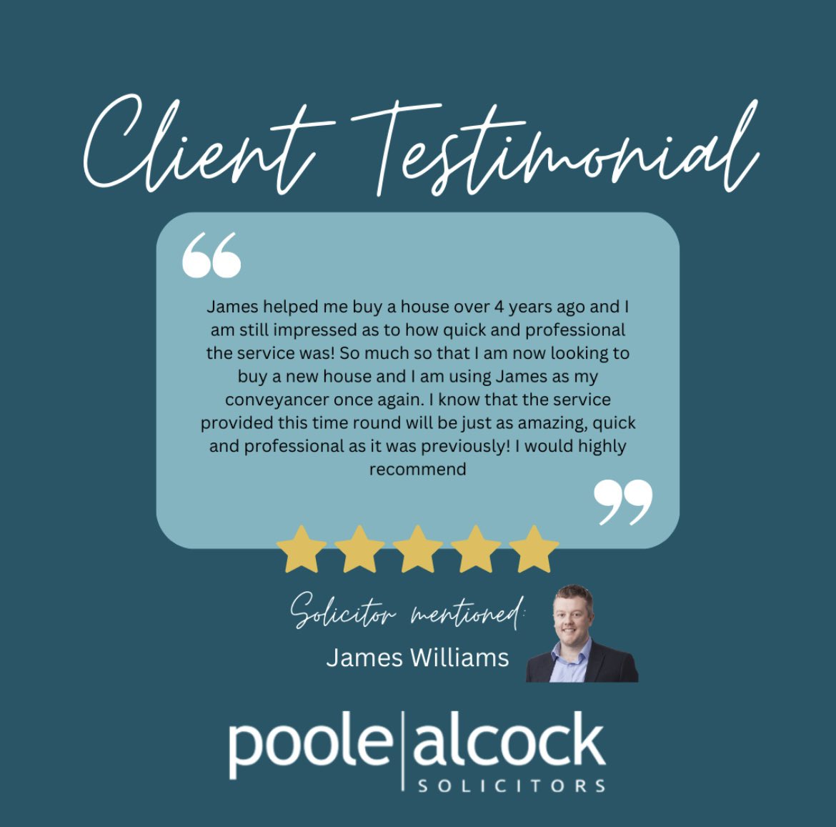 We have received a fantastic 5-star review from one of our residential property clients.
 
Well done to James Williams and his team for continuing to demonstrate our Committed To Excellence Promise. 
 
If you would like to speak to a property law solicitor, contact us today.