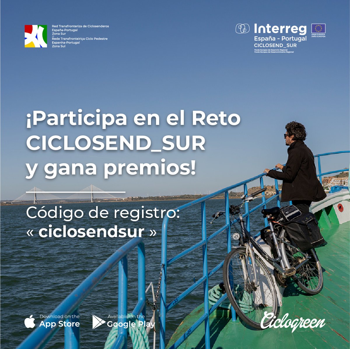 ¡Nuevo #RetoCiclosendSur de @ciclogreen! 🚴‍♂️💨
Sigue los siguientes pasos: 
1) 📲🚴‍♂️ Descarga la aplicación de Ciclogreen. 
2) 📝🚲 Regístrate con el código <ciclosendsur>. 
3) 🚲🚶‍♀️ Muévete en bici o caminando por las rutas de #CiclosendSur hasta el 10 de junio.

#POCTEP #Interreg