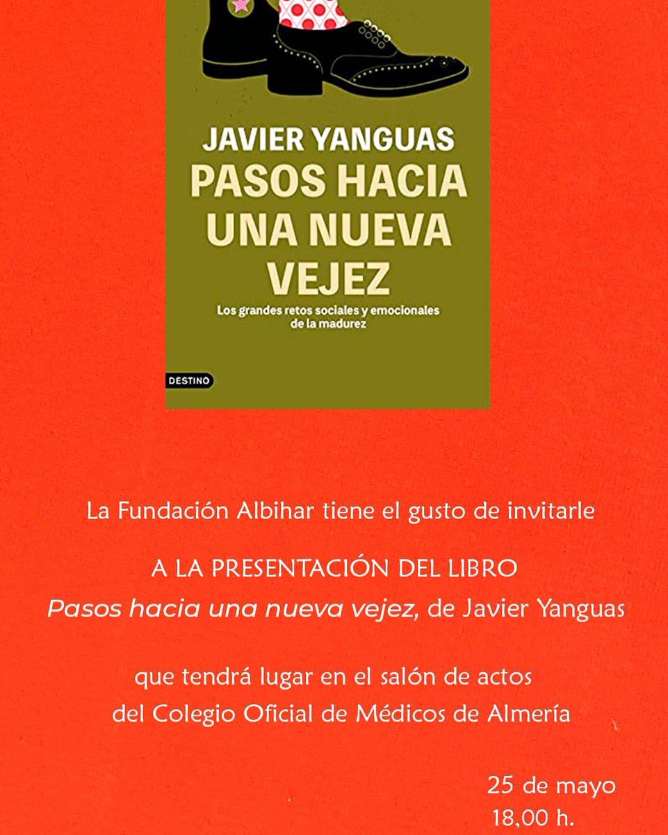 El próximo 25 mayo a las 18h, de la mano de la Fundación Albihar, se presenta el libro “Pasos hacia una nueva vejez”, de Javier Yanguas, donde se tratan los retos tanto emocionales como sociales de la madurez.

El lugar será en el salón de actos del Colegio de Médicos de Almería.