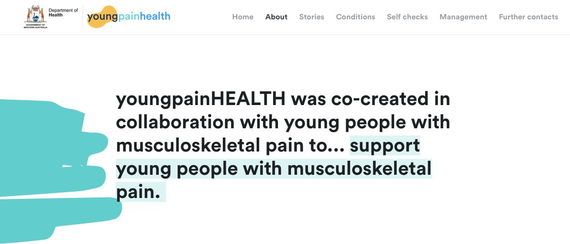 Share this wonderful resource - to support young people living with MSK pain youngpainhealth.com.au/about/ Massive 🙌for @hels_slater and @AndrewMBriggs for leading this important work. @NardiaKlem for helping pull it together.