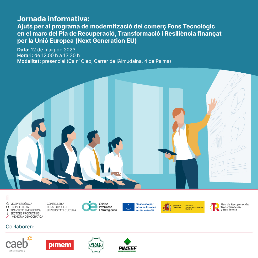 OIE_goib's tweet photo. 👋RECORDA‼️
Jornada Informativa: #ajuts 2023 modernització del comerç Fons Tecnològic #PlandeRecuperacion #nextgenerationeu
Dirigit a: #pimes i associacions empresarials del sector comerç de Balears
📅12/05/23  ⏰12.00h 
📍c. Almudaina, 4
Inscripció: https://t.co/jLGBkRbSTC https://t.co/iUe4VN4c1H