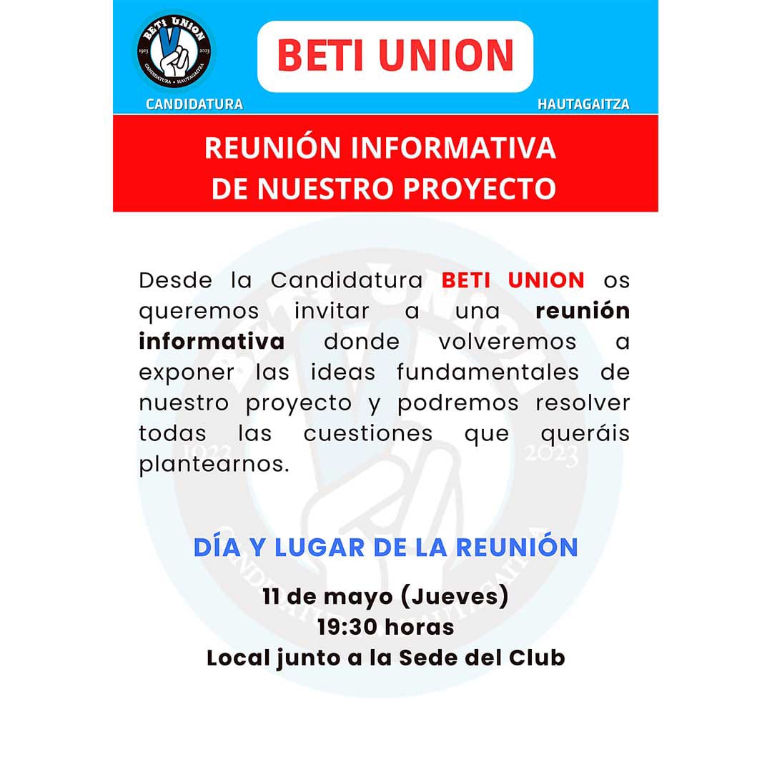BetiUnionSport's tweet photo. 📢 BILERA / REUNIÓN

Gure proiektua eta xedeak erakutsi nahi dizkizugu baita zuenak ezagutu ere.

Conoce nuestro proyecto de primera mano y cuéntanos tus inquietudes respecto al futuro de nuestro club.

Zure zain gaude.
Te esperamos.

⏰ 19:30
🏠 Txoko junto a la sede del club https://t.co/uuxGqwUEHg