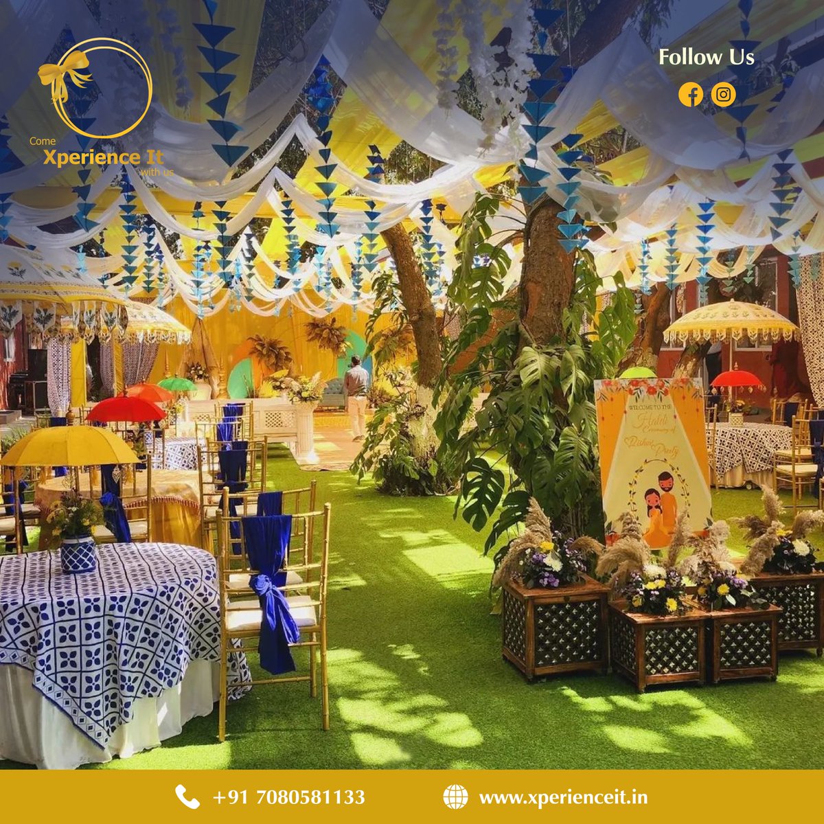 Steal the show with stunning🌟 outdoor Haldi decoration. @xperience.it offers a variety of Haldi Decor Services and Modern and Traditional Haldi Ceremony Services under your budget. We decorate to create memories🫰.