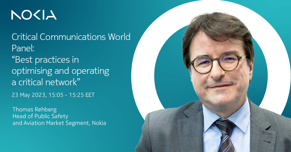 nokiaindustries's tweet photo. Thomas Rehberg, Head of Public Safety and Aviation Market Segment, @nokia will participate on the Best Practices in Optimising and Operating a Critical Network panel at #CCW23 on 23 May from 15:05 – 15:25. #publicsafety #critcomms https://t.co/NHktaOtorN https://t.co/cA1roHXYE0