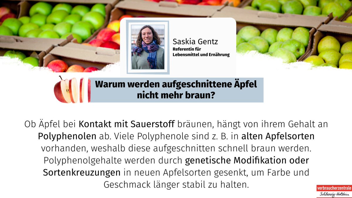 vzsh's tweet image. #Wissen to go: Warum werden aufgeschnittene #Äpfel nicht mehr braun? &quot;Weil die Verursacher - #Polyphenole, die für die Bräunung verantwortlich sind - aus Qualitätsgründen häufig aus den Sorten rausgezüchtet werden&quot;, so unsere Expertin für Lebensmittel und Ernährung Saskia Gentz.