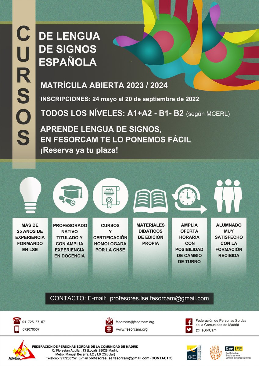 Aprende Lengua de Signos, en FESORCAM te lo ponemos fácil 📷 con nuestros cursos presenciales de Comunicación en Lengua de Signos Española. Ofrecemos todos los niveles A1-A2, B1 y B2 (según el MCERL). 🧏🏻‍♀️🎓🧏🏻‍♂️🎓Nuestros profesores nativos y especialistas en la enseñanza de la LS