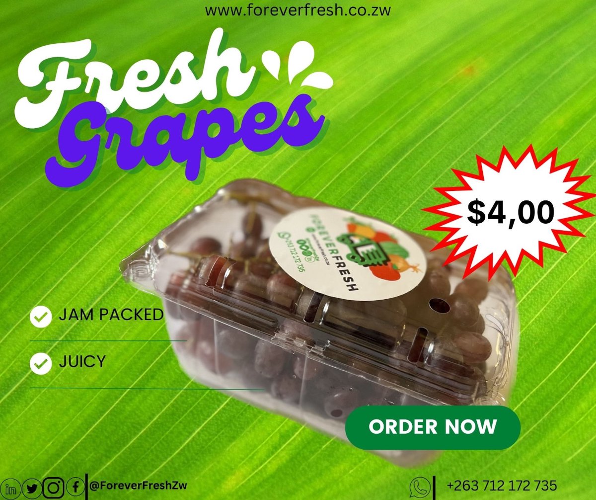ForeverFreshZW's tweet photo. #freshfruit :

Have you tried our fresh Jam Packed, Juicy grapes? Delivered direct to your doorstep!

#freshproduce #foreverfresh #bulawayo https://t.co/HBSdb5fqEI