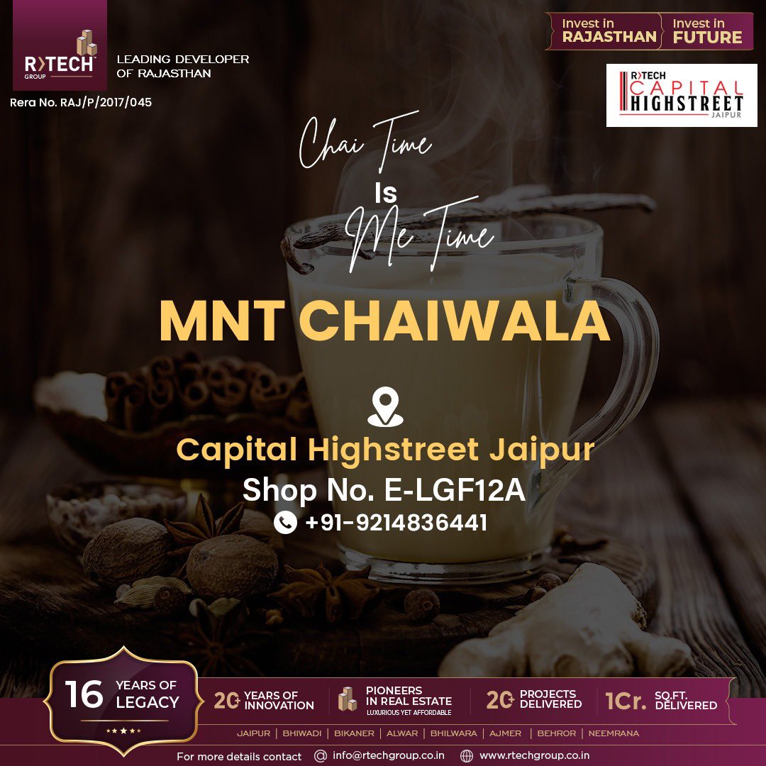 rtech_group's tweet photo. For all the chai lovers, Feel free to visit MNT Chaiwala.
Shop no-(E-LGF12A)
Contact-9214836441
Visit us at Capital Highstreet Jaipur
#Rtechgroup #jaipur #chaiwala #chai #tealovers #teapeople #capitalhighstreet #instagram #viral #explore #neemrana #capitalgalleria #newpost https://t.co/ar27iuij5F