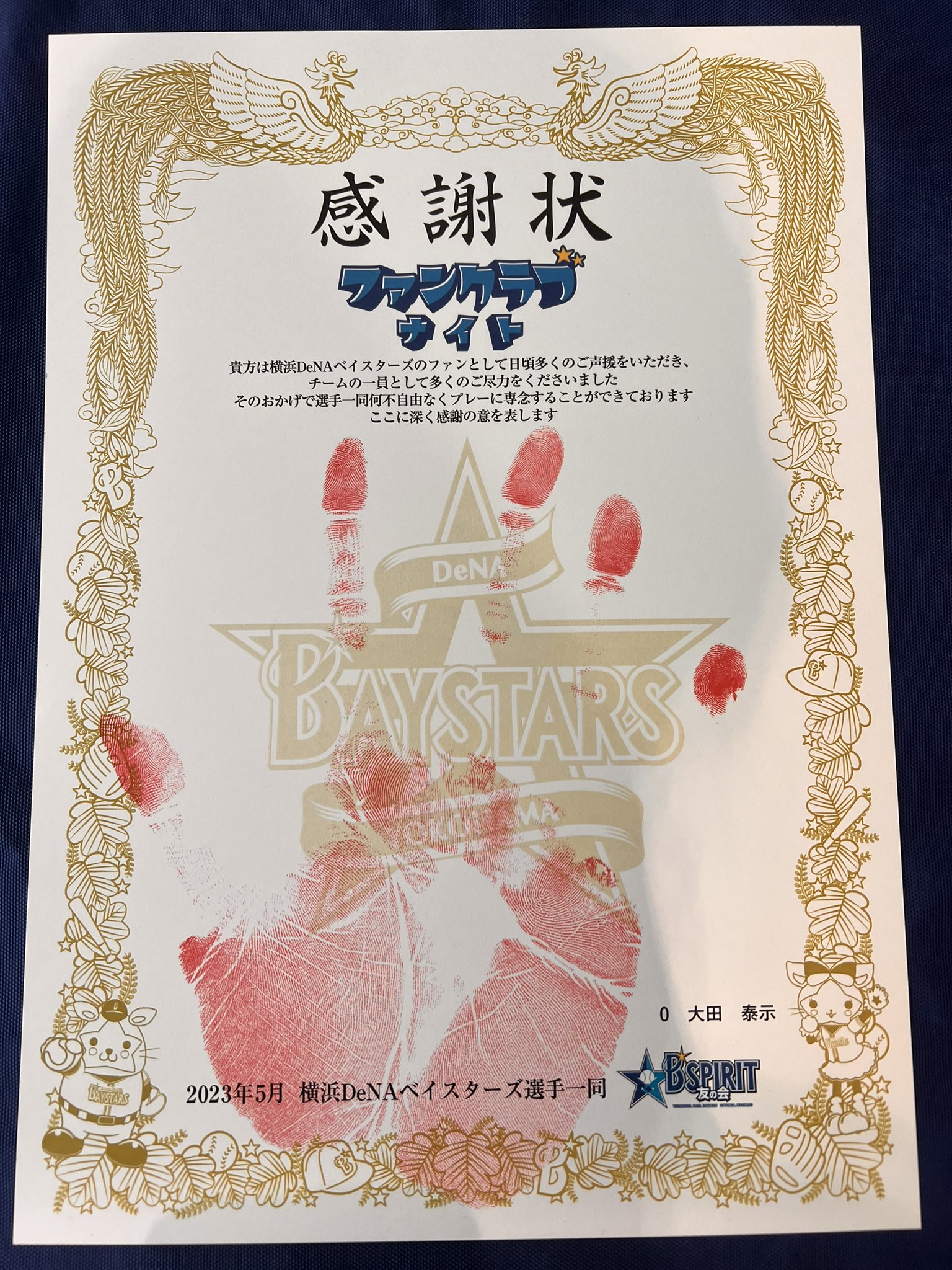宮崎選手】横浜DeNAベイスターズ 手形感謝状