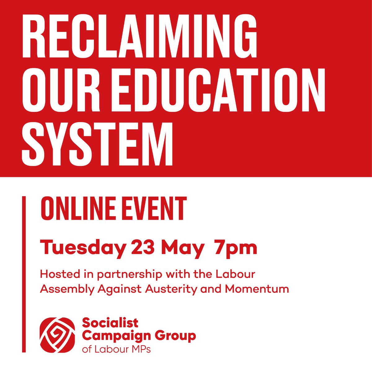 📢 RECLAIMING OUR EDUCATION SYSTEM

We need radical change in our education system to reverse the damage done by a decade of Tory cuts.

Join our discussion on fighting for an alternative to cuts and marketisation.

🗓️Tuesday 23 May, 7pm

✍️Register bit.ly/ReclaimingEduc…