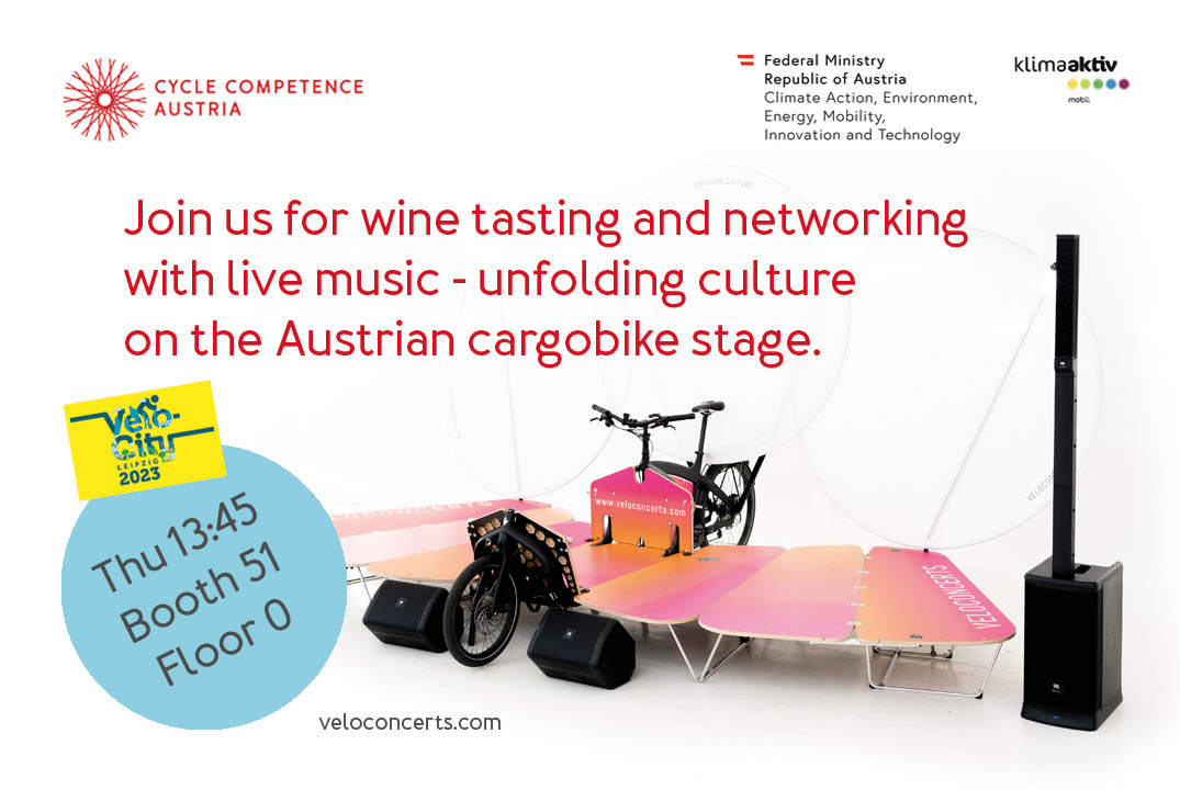 Good morning #VC23 velocitizens! Join our Veloconcerts & wine tasting networking event today after lunch! 🥂🚴♥️ 13:45 on the foldable #cargobike stage, booth 51 @ADMA_fr @CyclingEmbassy @CyclingEmbassy @VelocitySeries @FahrradClub @ZukunftFahrrad @EuCyclistsFed @Cycling_Ind_EU