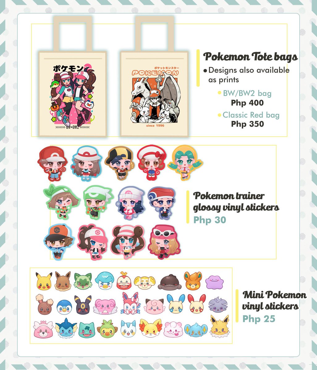 My catalog for #PokeconPH2023 this Saturday! I made some new merch and also chose a couple of art to have as prints! (I also finally restocked the BW/2 totebag ) Woohoo see you there💖💕