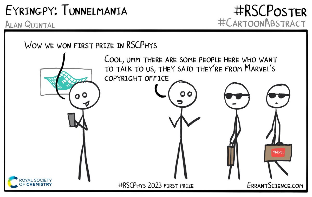 ErrantScience's tweet photo. Here’s an extra @RoySocChem cartoon we drew for #RSCPoster #RSCPhys AND #RSCPosterPitch first prize winner @alanqf22, go look at their video poster and ask them questions about Eyringpy and how they keep winning year after year ;) https://t.co/ZL6Yd1fUNH