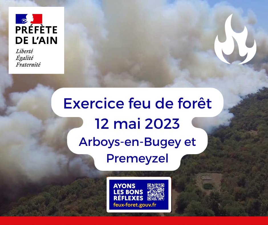 Prefet01's tweet photo. Ce 12 mai matin aura lieu un exercice d'intervention face à un feu de forêt. D’importants moyens du @sdis01, de la @Gendarmerie_001, du @Departement_AIN et de @ONF_Officiel seront mobilisés. 90% des départs de feux d'espace naturels sont d'origine humaine : soyons tous attentifs. https://t.co/vMV24NP9r6