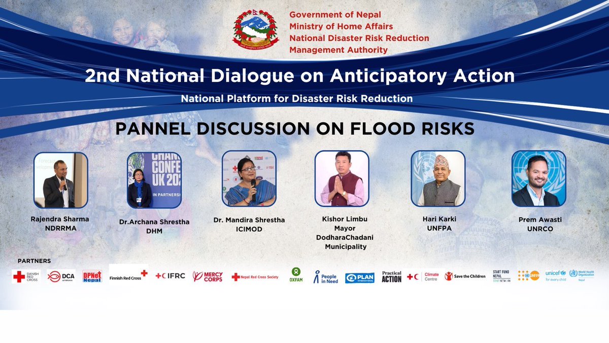 Insightful discussion happening now at the National Dialogue Platform on #AnticipatoryAction in Nepal #NDAA2023

Panelists are exploring the power of accurate #FloodForecasting and its critical role in community resilience.

Science, policy, & community knowledge coming together.