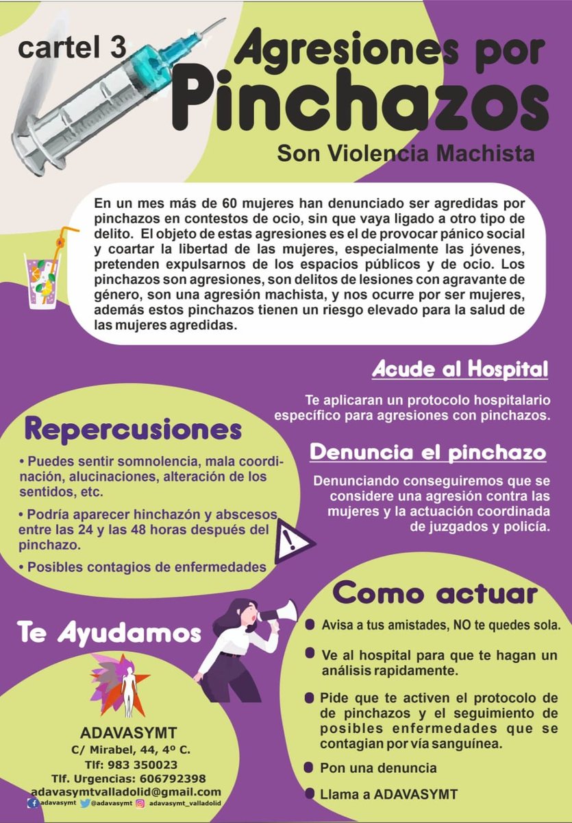 adavasymt_vall's tweet photo. Va llegando la temporada de festivales, de fiestas de barrios y pueblos... por lo que os dejamos algunos consejos sobre cómo actuar si has sido víctima de sumisión química o de un pinchazo.

¡Queremos fiestas seguras para todas las mujeres! https://t.co/BADlXzUOQq