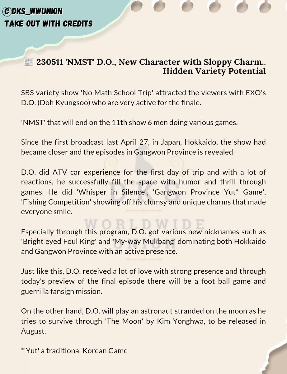 dks_wwunion's tweet image. 📰 230511 &apos;NMST&apos; D.O., New Character with Sloppy Charm.. Hidden Variety Potential
n.news.naver.com/entertain/arti…

&quot;#DohKyungsoo received a lot of love with his strong presence&quot;

#NoMathSchoolTrip #수학없는수학여행 
#엑소디오 #디오 #도경수 #DO (D.O.)