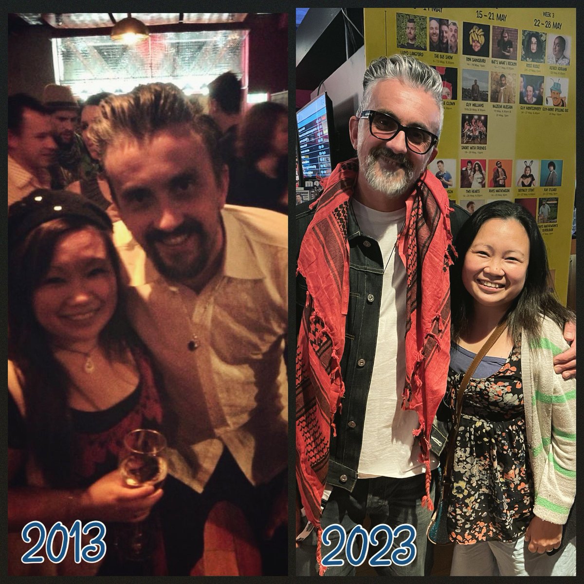 faithashw's tweet photo. 2013 vs 2023 with @birdmanwatching at @QTheatre for @NZComedyFest π How has it been 10 years since we first met?! π€― Pls go support live comedy at the #NZComedyFest and PLEASE get a ticket to see Markus β€οΈ On now at @ClassicComedyNZ until Sat 20 May. #NZICF2023 #bestcomedyfest https://t.co/ljdJuiwnrH