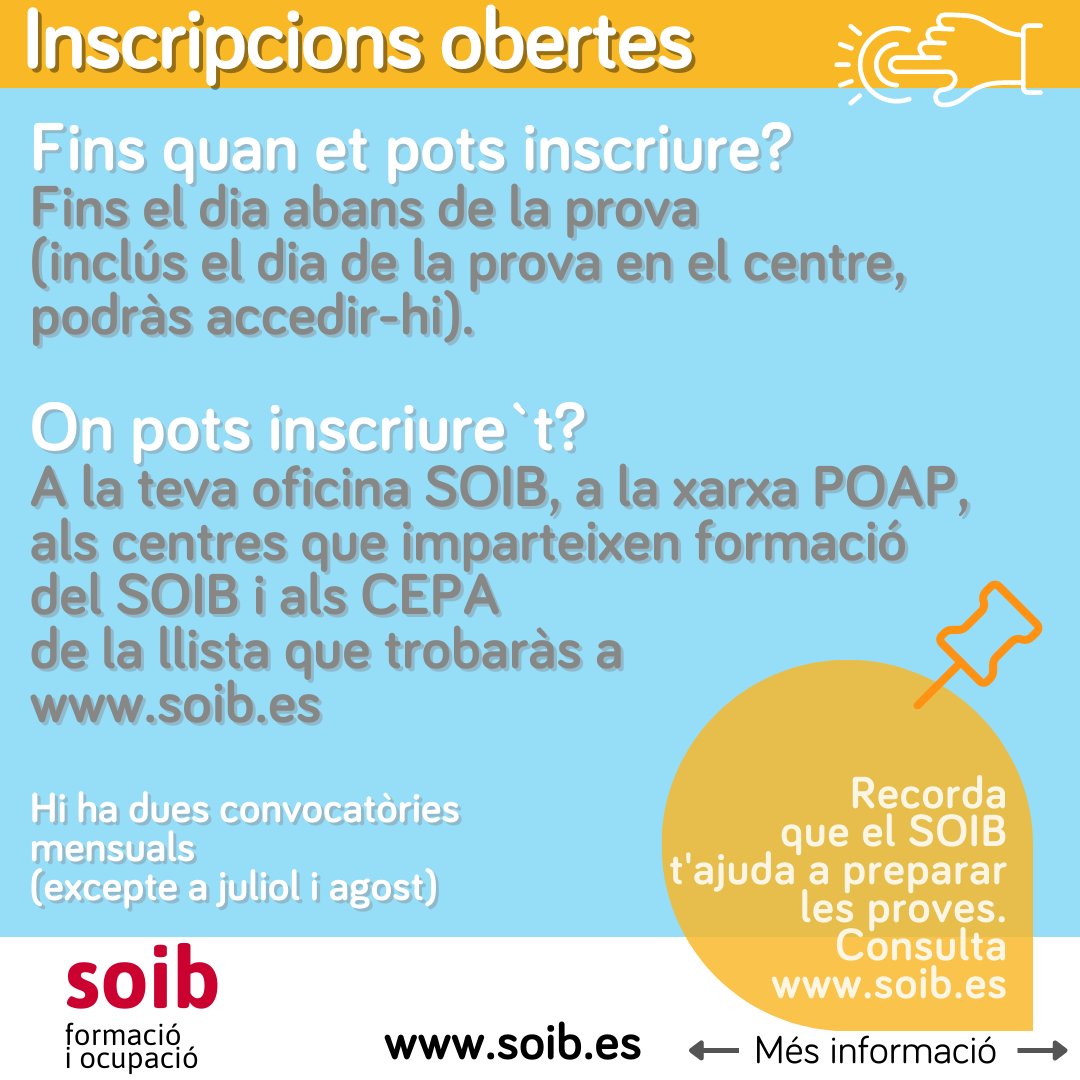 SOIBgoib's tweet photo. 📣16 i 17 de MAIG
PROVES DE COMPETÈNCIES CLAU per accedir sense la titulació requerida als cursos de certificats de professionalitat de nivell 2 o 3.
No deixis passar l'oportunitat‼️
ℹ️Més informació https://t.co/iPcwTUMml3… #SOIBSomPro #SomPro #Certificatsdeprofessionalitat https://t.co/pjpMt1a47g