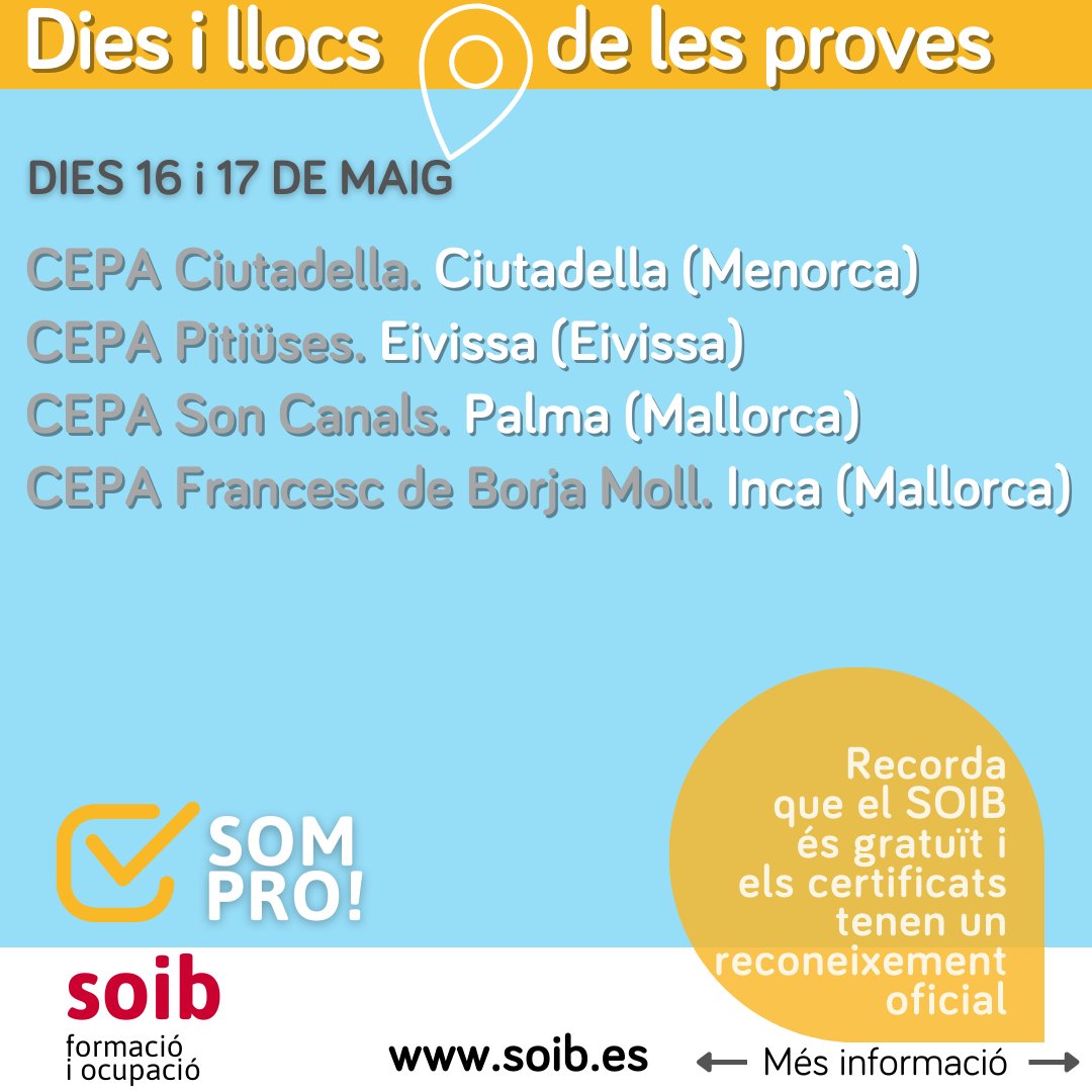 SOIBgoib's tweet photo. 📣16 i 17 de MAIG
PROVES DE COMPETÈNCIES CLAU per accedir sense la titulació requerida als cursos de certificats de professionalitat de nivell 2 o 3.
No deixis passar l'oportunitat‼️
ℹ️Més informació https://t.co/iPcwTUMml3… #SOIBSomPro #SomPro #Certificatsdeprofessionalitat https://t.co/pjpMt1a47g