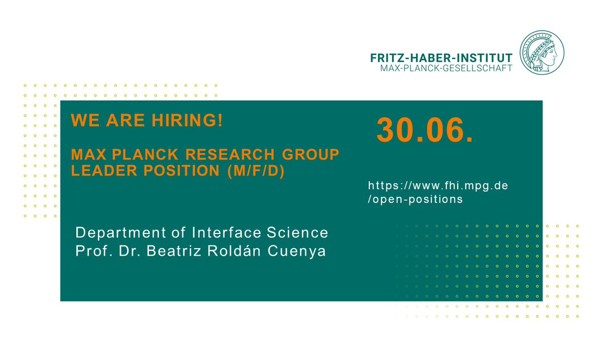 📯 #JobAlert #WeAreHiring 

Our Interface Science Department has an #openposition as a #GroupLeader.

We  are looking for a great #researcher with outstanding #scientific #expertise 

Apply till 30.06

💻 jobs.fhi.mpg.de/jobposting/d90…