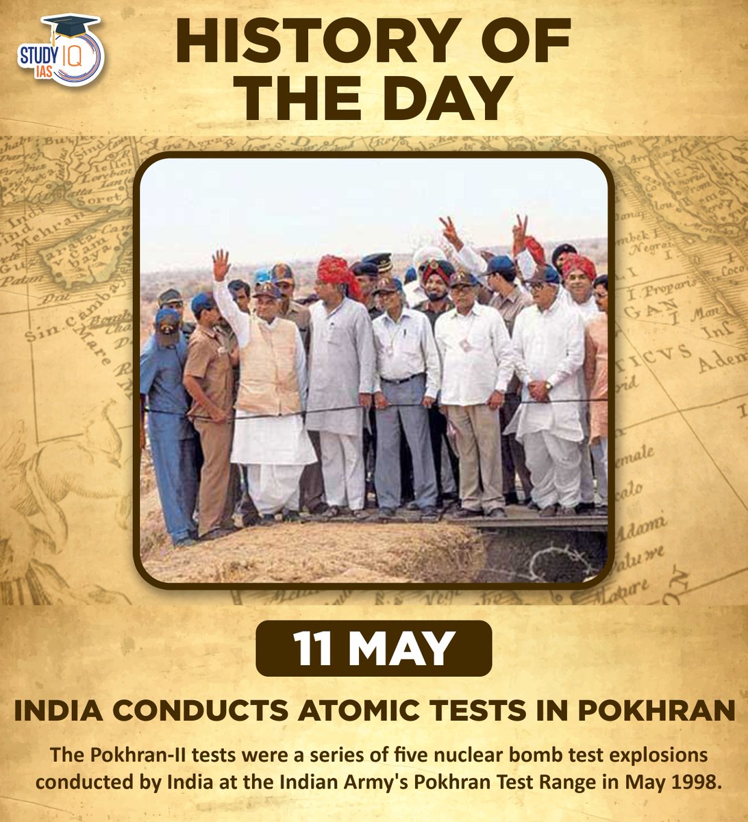 upsciq's tweet photo. History of The Day
#historyoftheday #todayhistory #india #atomictest #pokhran #rajasthan #nuclearbombtest #indianarmy #atalbiharivajpayee #indianuclearenergy #upsc #cse #ips #ias https://t.co/hSiFvySijG