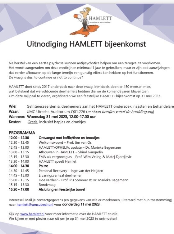 We completed inclusion of 450 participants for our <a href="/ZonMw/">ZonMw</a> sponsored <a href="/HAMLETTstudie/">HAMLETT</a> on tapering antipsychotic medication and want to share our first results with you. You are welcome in UMCU on May 31. (Program in Dutch)