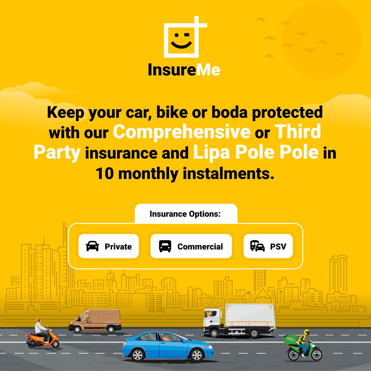 InsureMe_Ke's tweet photo. Getting insurance for your car, pickup, lorry, bike or boda is easier than ever! Now you can choose from a range of options, including Private, Commercial, and PSV. You also get to pick your preferred insurance company and select a coverage period that works best for you. https://t.co/92s4pt8uqR