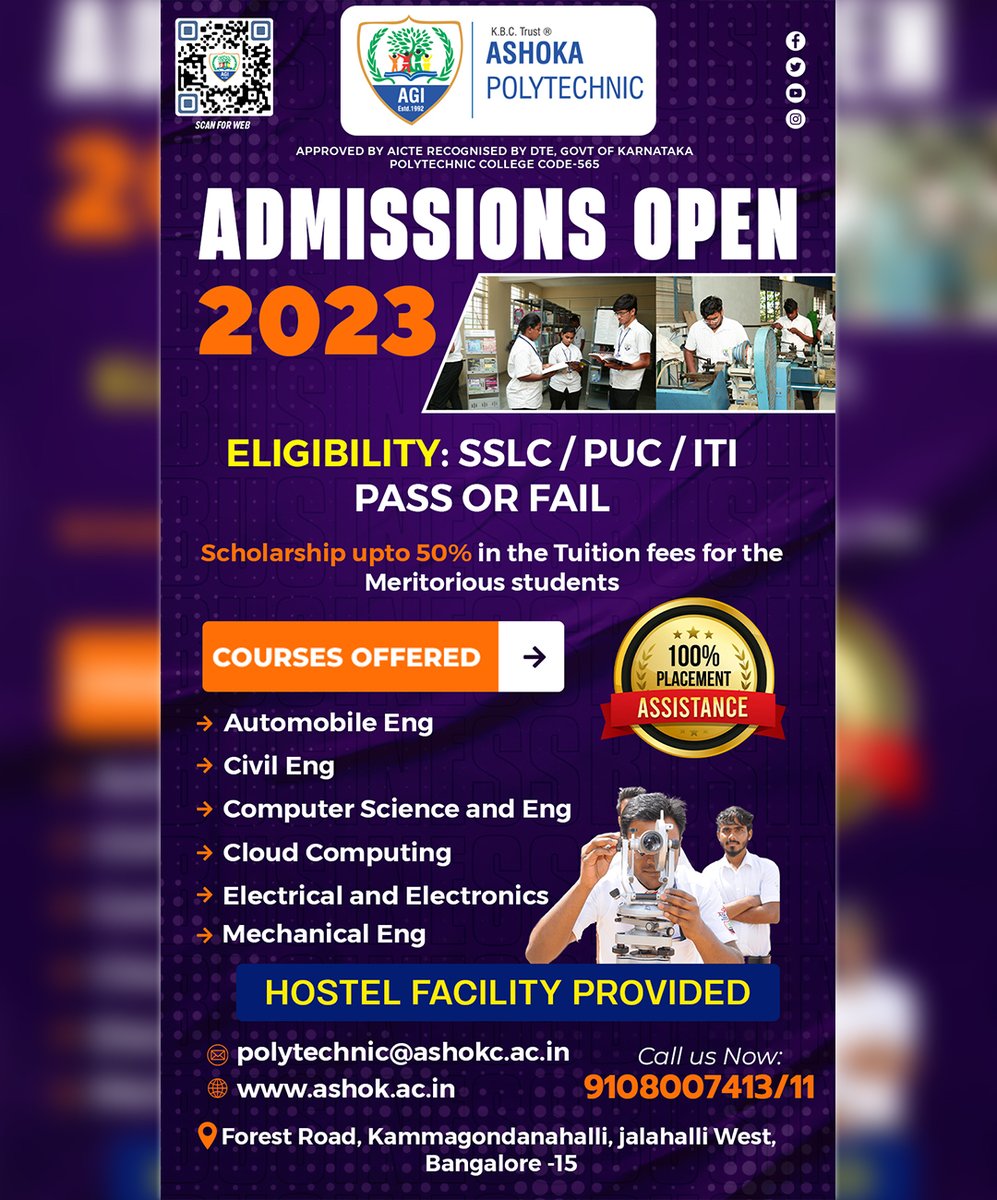 ashok_goi's tweet image. Admissions open 23-24
Enroll Now!!
For More Details Please call on the given number are visit our Website.
ELIGIBILITY : SSLC / PUC / ITI /PASS OR FAIL.
Also Hostel Facility are Provided.
#ashokpolytechnic
.
.
#ashok #ashokgroupofinstitutions #Admission #Scholarship