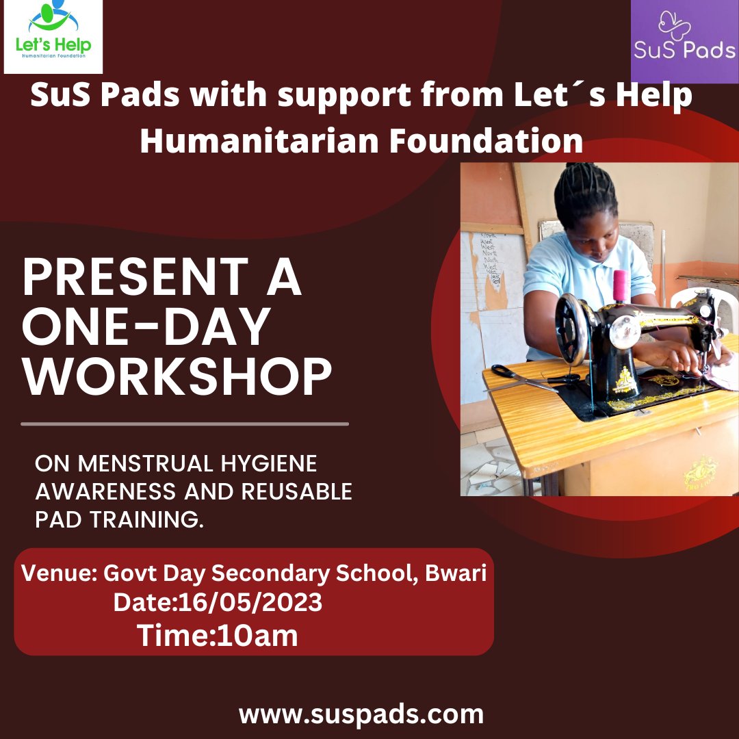 SuS Pads With the support of Let´s Help Humanitarian Foundation, will be having a menstrual hygiene awareness and reusable pad training at JSS Bwari on 16th, 2023. We will be teaching the girls #MHM and how to cut and sew their #reusablepads by themselves.
#endperiodpoverty #mh