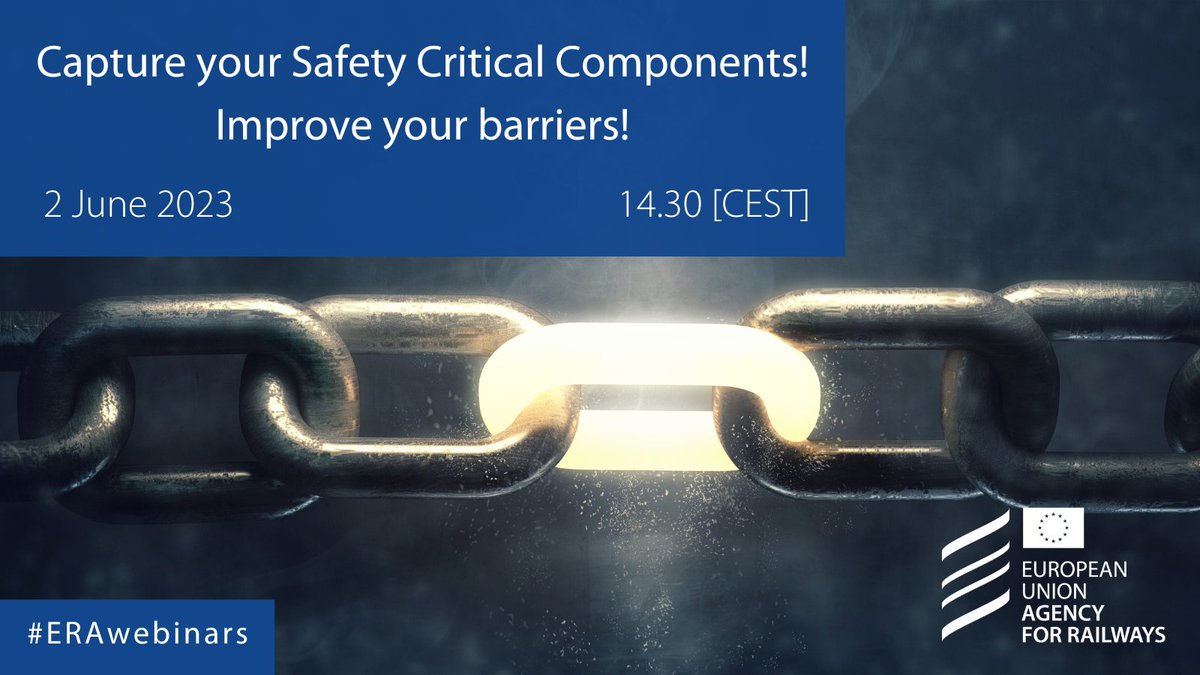 ERA_railways's tweet photo. ๐ฌ Let's exchange together views, culture, and feelings on the identification and management of Safety Critical Components and proactive safety measures during our next #webinar on 2 June 2023!
โBe ready and reply to some questions before๐ https://t.co/AptgCSUmYC
#ERAwebinars https://t.co/Kr0lPYHZfr