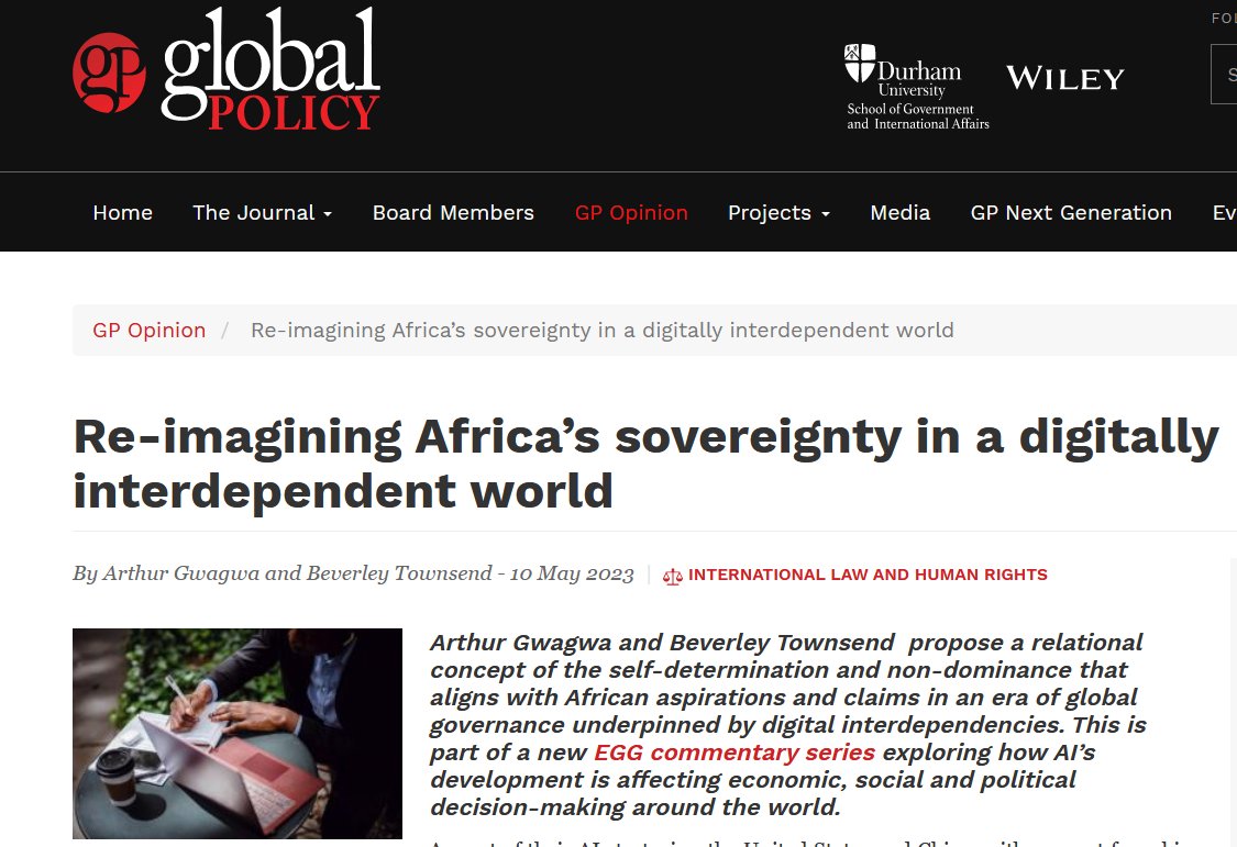 Laura Mahrenbach (@lauramahrenbach) on Twitter photo Want to know how #Africa is engaging with #AI and the governance dilemmas countries are facing? Check out the latest commentary from <a href="/bevatownsend/">Bev Townsend</a> and <a href="/arthurgwagwa/">Arthur Gwagwa</a> in my series on #AI and governance <a href="/Global_Policy/">Global Politics</a> 👇
globalpolicyjournal.com/blog/10/05/202… Want to know how #Africa is engaging with #AI and the governance dilemmas countries are facing? Check out the latest commentary from <a href="/bevatownsend/">Bev Townsend</a> and <a href="/arthurgwagwa/">Arthur Gwagwa</a> in my series on #AI and governance <a href="/Global_Policy/">Global Politics</a> 👇
globalpolicyjournal.com/blog/10/05/202…
