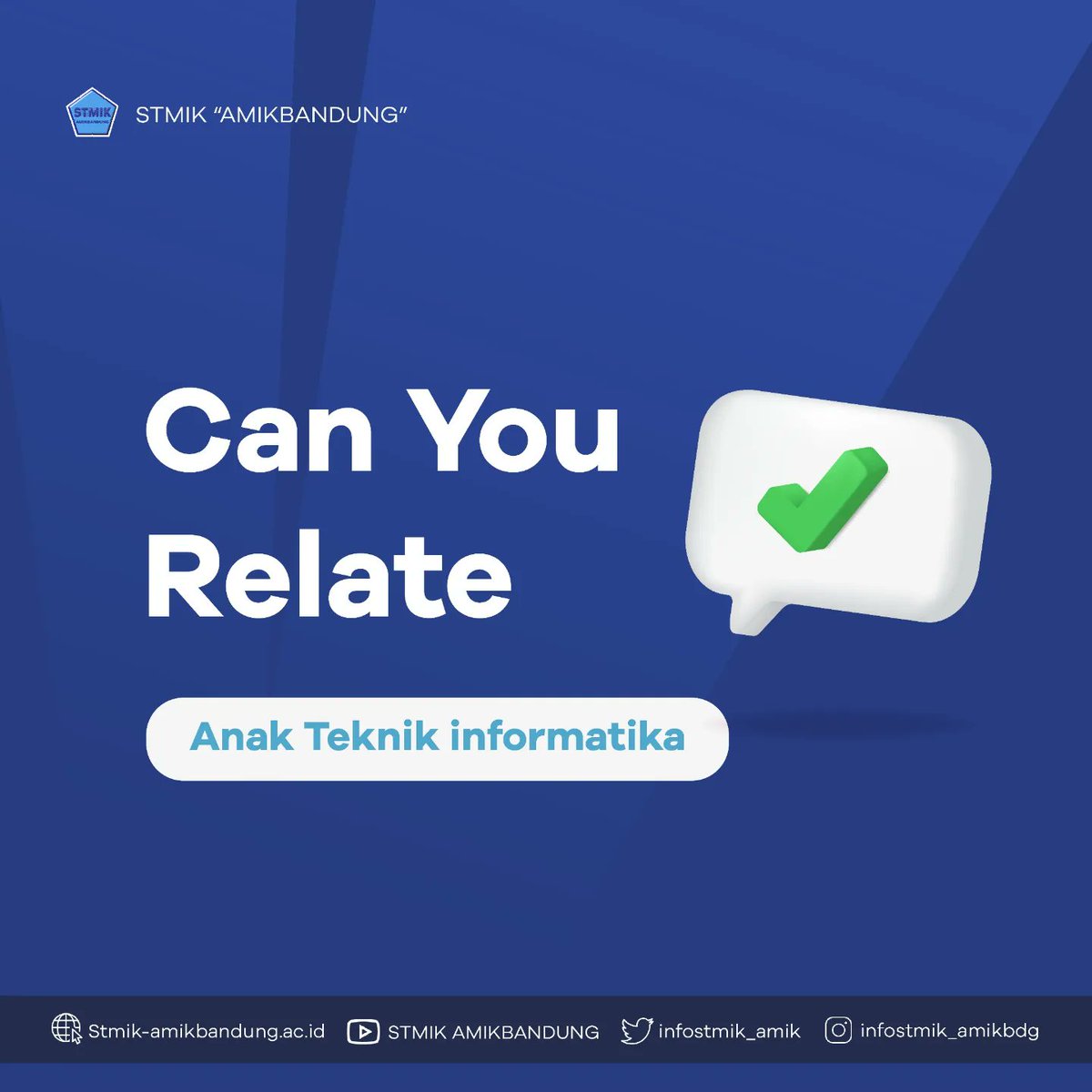 infostmik_amik's tweet image. #CanYouRelate
Hallo Anak Teknik Informatika sini sini, relate ga nih ??
Coba dong cerita hal hal yang relate lainnya di kolom komentar yaaa!!
#stmikamikbandung #teknikinformatika